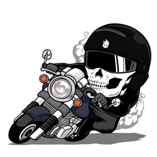 Vettore mascherina del cranio corridore che guida un motociclo d'annata mascotte del fumetto