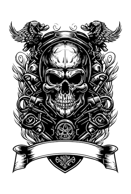 skull motorcycle biker wearing sunglass and helmet black and white hand drawn illustration