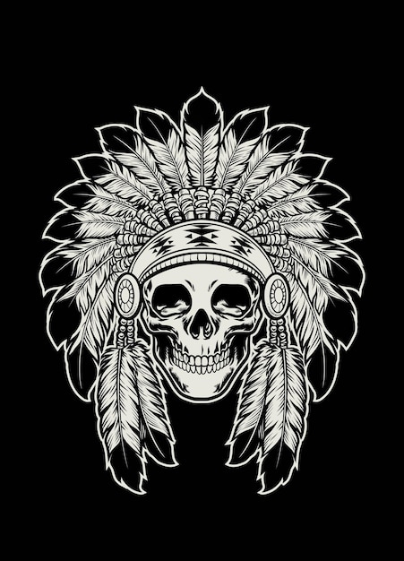 Vector skull of native american indian wearing headdress