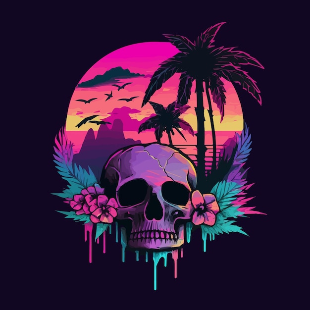 Skull and neon city palm retrowave cartoon style