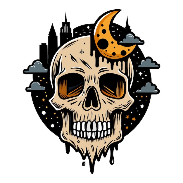 Skull night city illustration for tshirt design