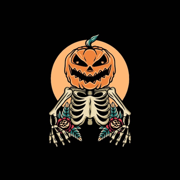 Vector skull pumpkin retro illustration
