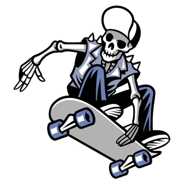 Skull punk ride a skateboard isolated on white