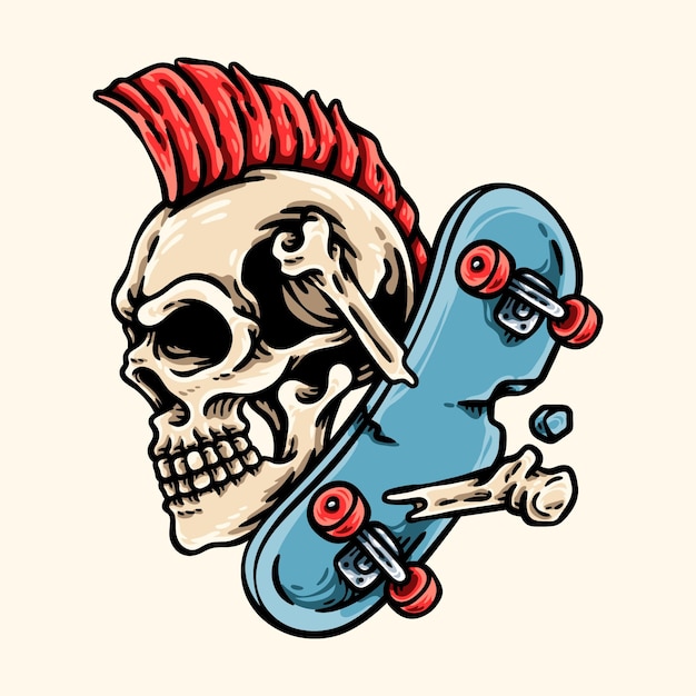 Vettore illustrazione di teschio punk e skateboard