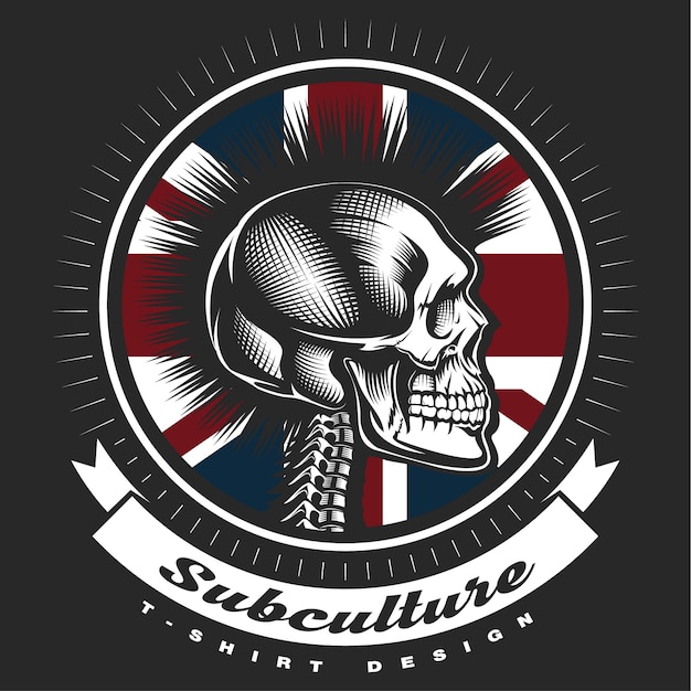 Skull punk vintage embleem op zwarte achtergrond. tekst staat op de aparte laag.