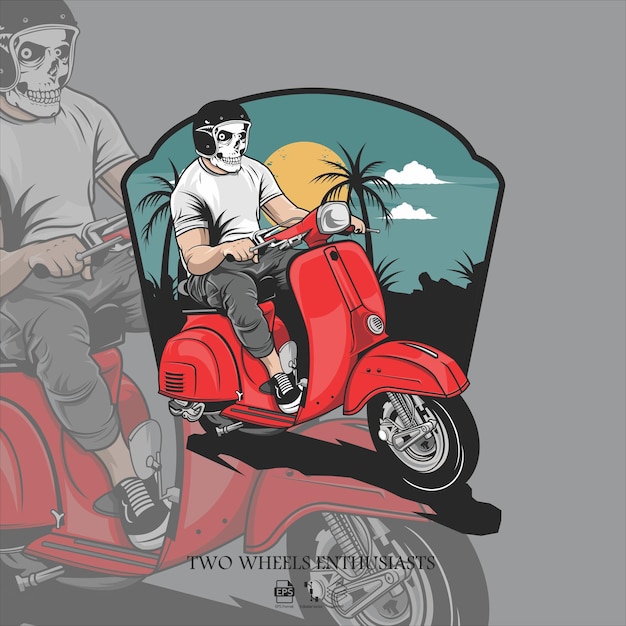 Vector skull riding scooter illustration 2