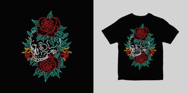 Skull Rose Flower Outline Illustration T shirt Design