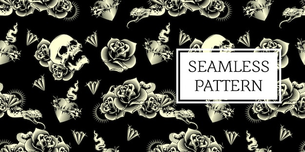 Vector skull rose snake seamless pattern design