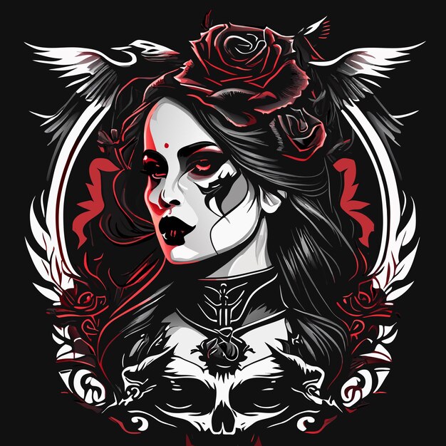 Vector skull and roses dead skeleton head and red flowers hand drawn vintage gothic tattoo