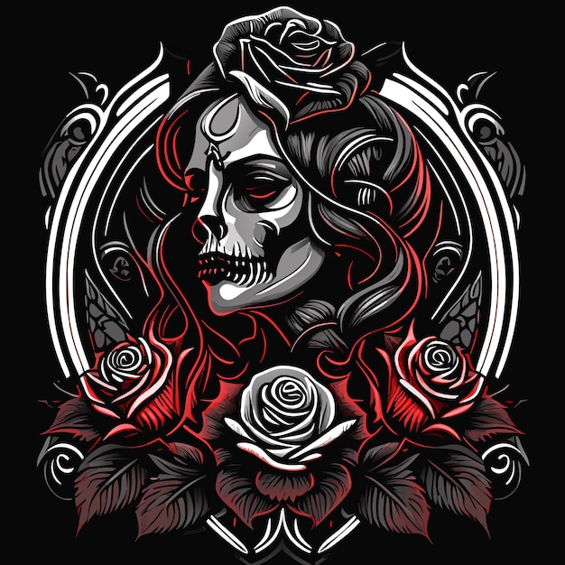 Skull and roses dead skeleton head and red flowers hand drawn vintage gothic tattoo