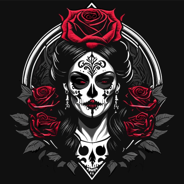 Skull and roses dead skeleton head and red flowers hand drawn vintage gothic tattoo