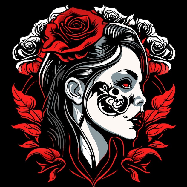 Vector skull and roses dead skeleton head and red flowers hand drawn vintage gothic tattoo