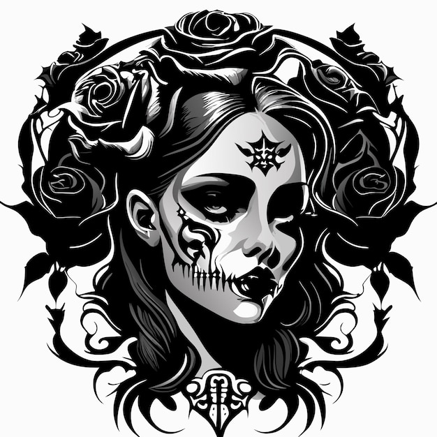 Skull and roses dead skeleton head and red flowers hand drawn vintage gothic tattoo