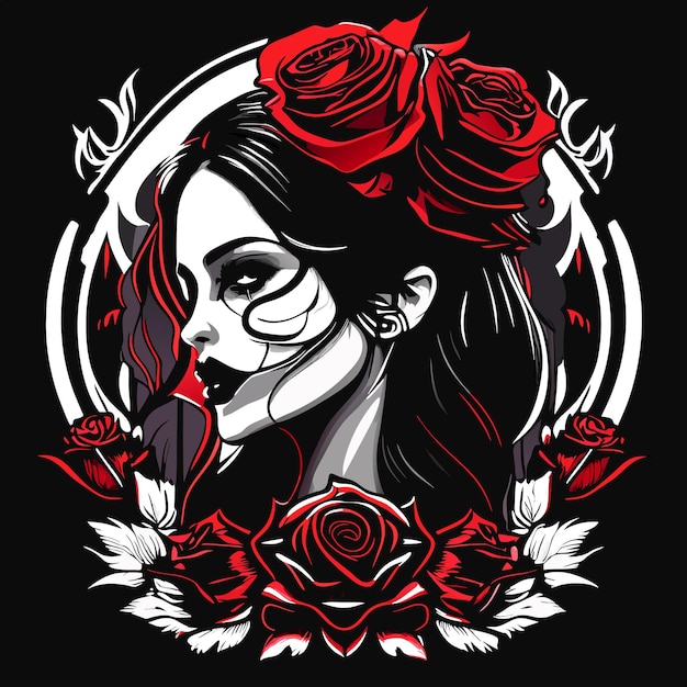 Vettore teschio e rose testa di scheletro morto e fiori rossi tatuaggio gotico vintage disegnato a mano