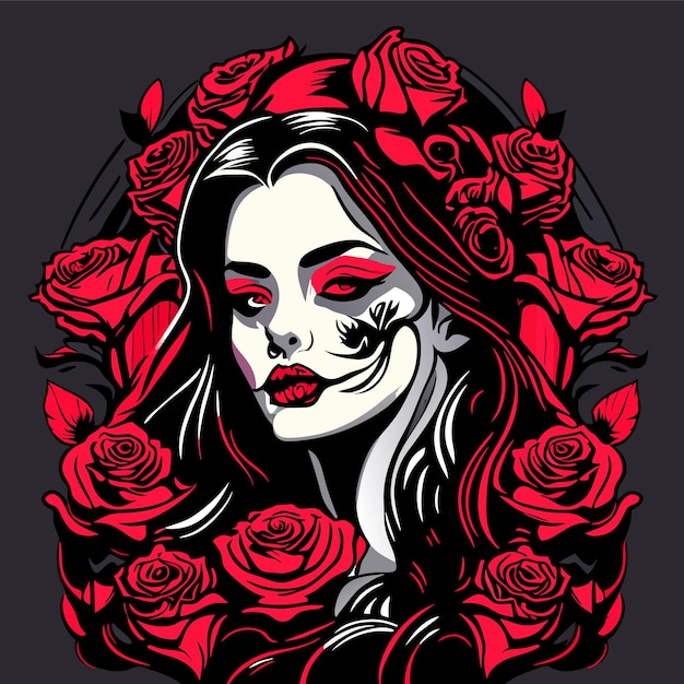 Vector skull and roses dead skeleton head and red flowers hand drawn vintage gothic tattoo