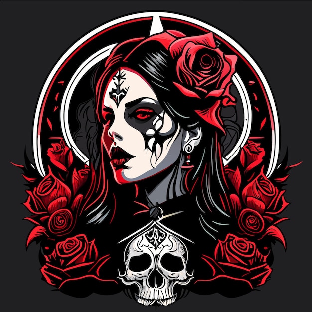 Vector skull and roses dead skeleton head and red flowers hand drawn vintage gothic tattoo