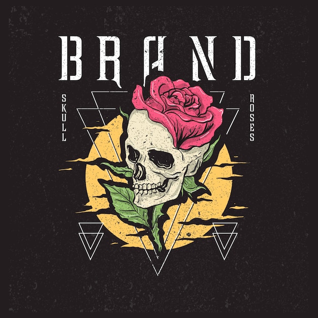 Skull roses illustration mix with geometrical lines triangle with grunge texture