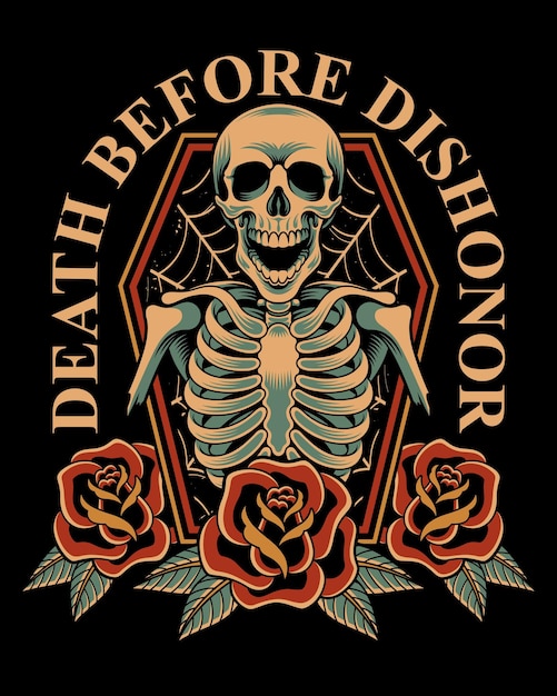 Vector skull and roses in old school tattoo style