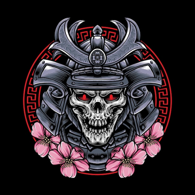 Vector skull samurai with sakura illustration