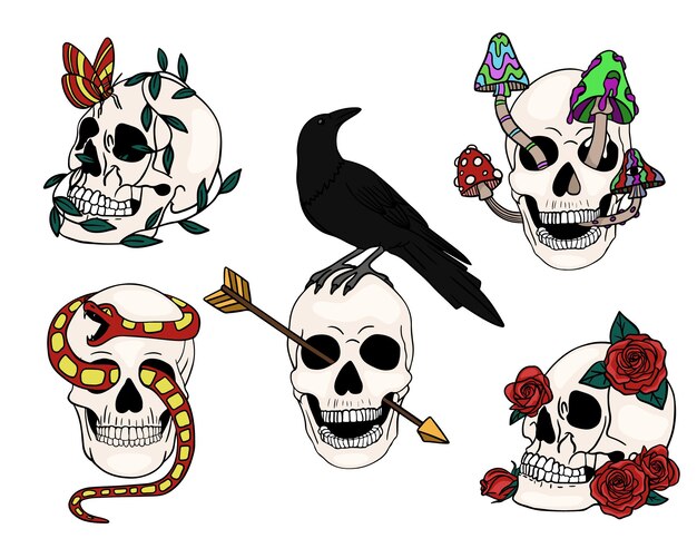 Vettore skull set design brillante magia funghi psichedelici e teschi tatuaggio modello di teschio con fiori