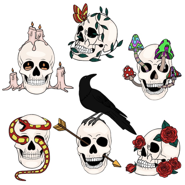 Vettore skull set design brillante magia funghi psichedelici e teschi tatuaggio modello di teschio con fiori