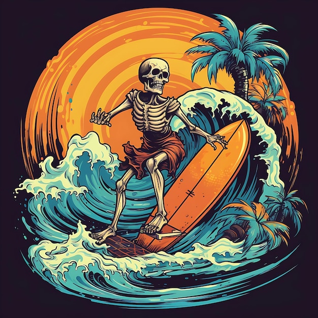 Skull skeleton surfing on the beach vector illustration
