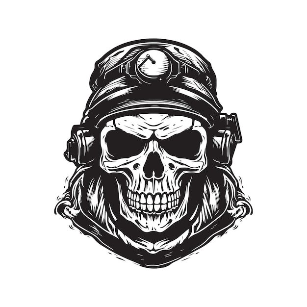 Skull soldier vintage logo concept black and white color hand drawn illustration