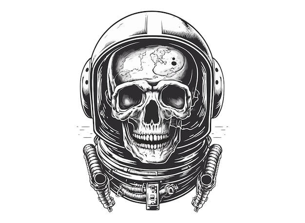 Skull in space helmet, poster design concept of a dead astronaut in space sketch engraving