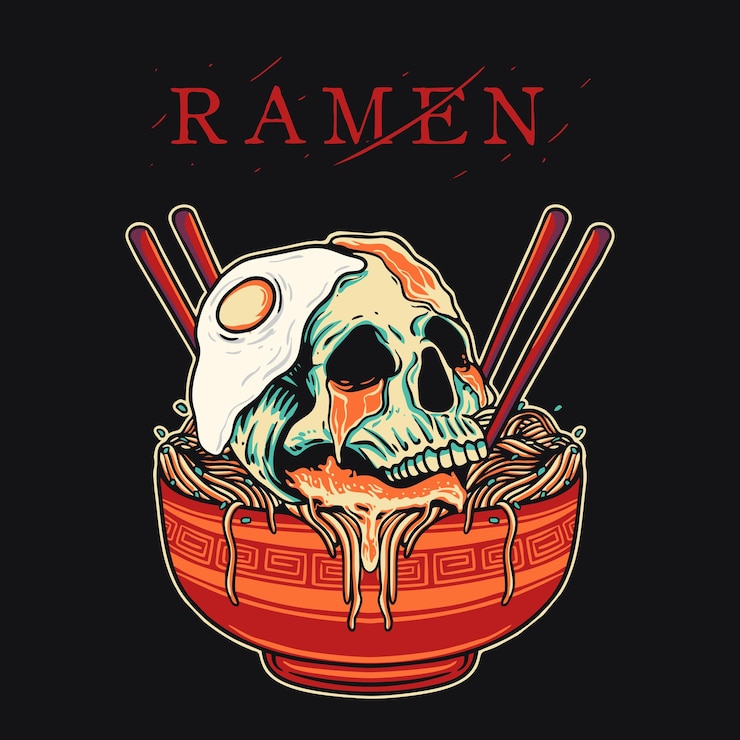 Vector skull spicy ramen retro vector illustration