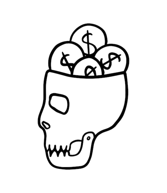 Basamento del cranio con colorazione lineare del fumetto di doodle di monete del dollaro