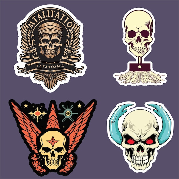 Vector skull sticker collection with wings horns and crests