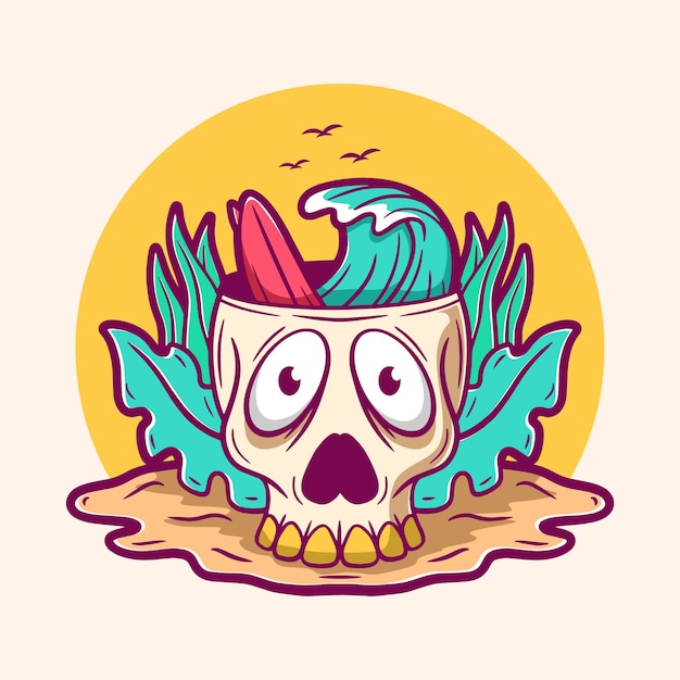 Skull summer beach cartoon illustration