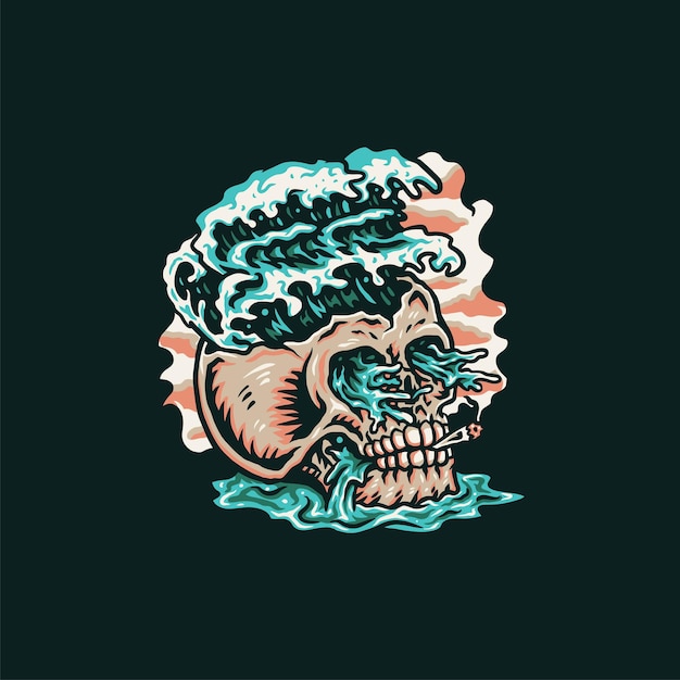 Skull summer beach t shirt design grafico, stile linea disegnata a mano con colore digitale