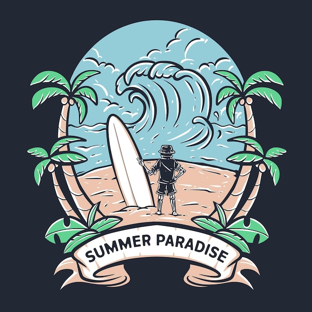 Skull surfer on summer beach illustration