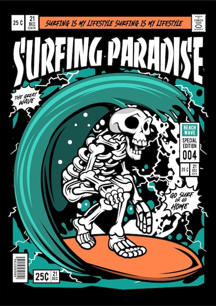 Skull surfing comic cover illustratie