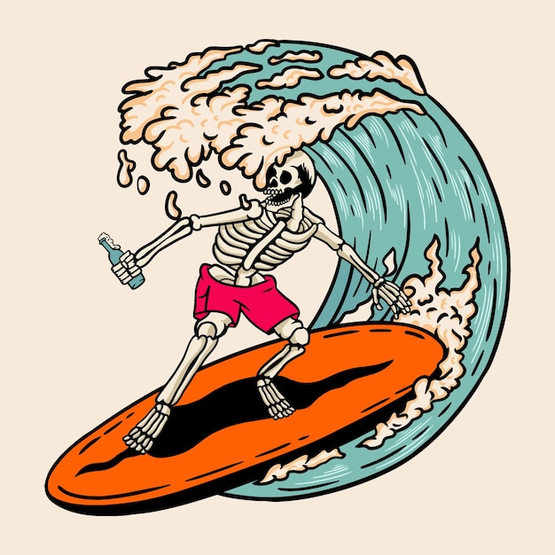 Skull surfing retro illustration