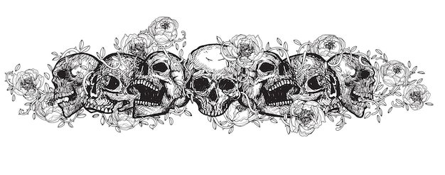 Skull tattoo art with flowers drawing sketch black and white