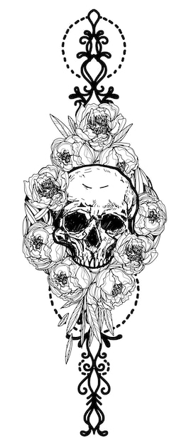 Skull tattoo art with flowers drawing sketch black and white