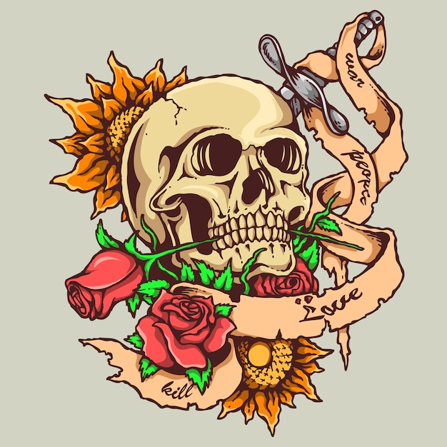 Skull tattoo with rose and banner