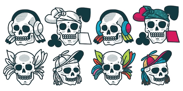 Skull tattoos vector cartoon set isolated on a white background