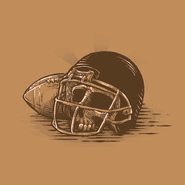 Vector skull using helmet beside football ball vintage illustration