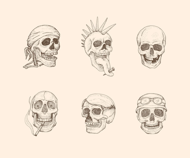 Vector skull vintage illustration with hand drawn style.