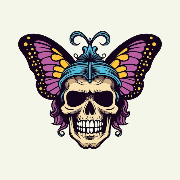 Vettore cranio che indossa una corona nel disegno del logo disegnato a mano dell'illustrazione del corpo della farfalla