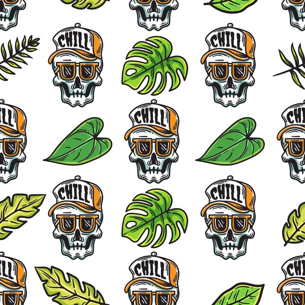 Skull wearing hat and glasses with tropical leaves ornament seamless pattern on white background