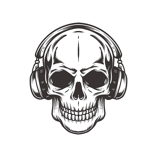 skull wearing headphone in vintage style isolated illustration