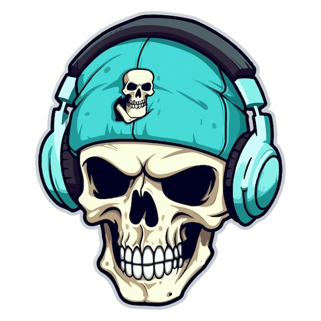 A skull wearing headphones and a cap cartoon style sticker illustration