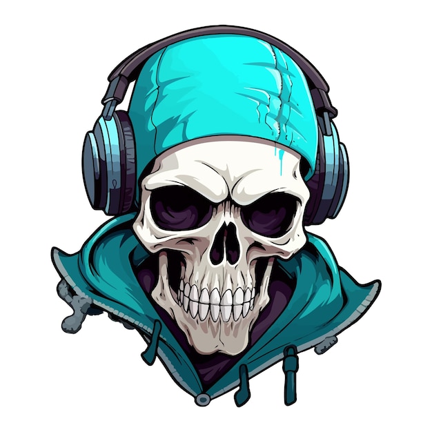 A skull wearing headphones and a cap cartoon style sticker illustration