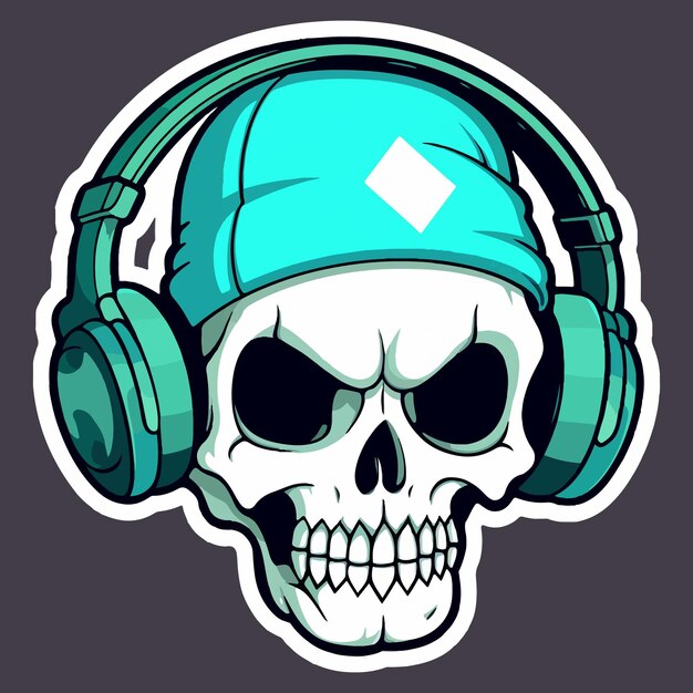 A skull wearing headphones and a cap cartoon style sticker illustration