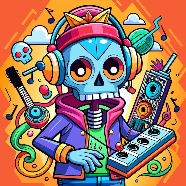 A skull wearing headphones listening to music hand drawn mascot cartoon character sticker