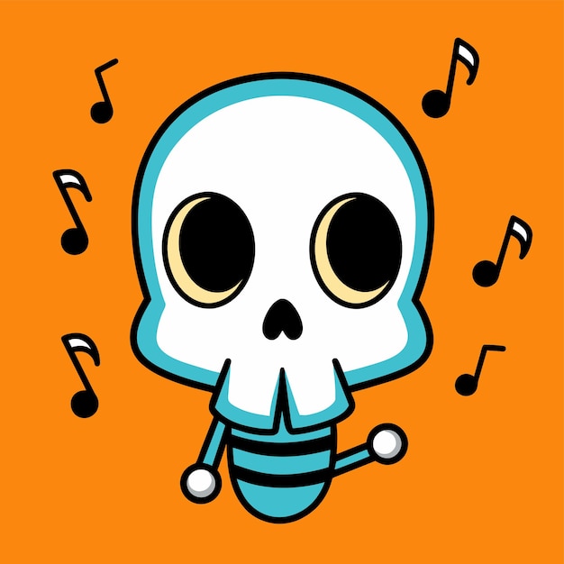 A skull wearing headphones listening to music hand drawn mascot cartoon character sticker